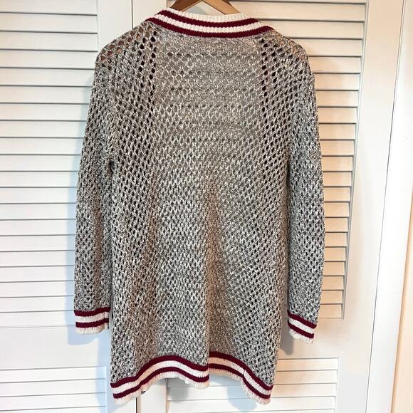 Maeve for Anthropologie Varsity Open Knit Cardigan Gold Red Trim OS - Picture 3 of 8